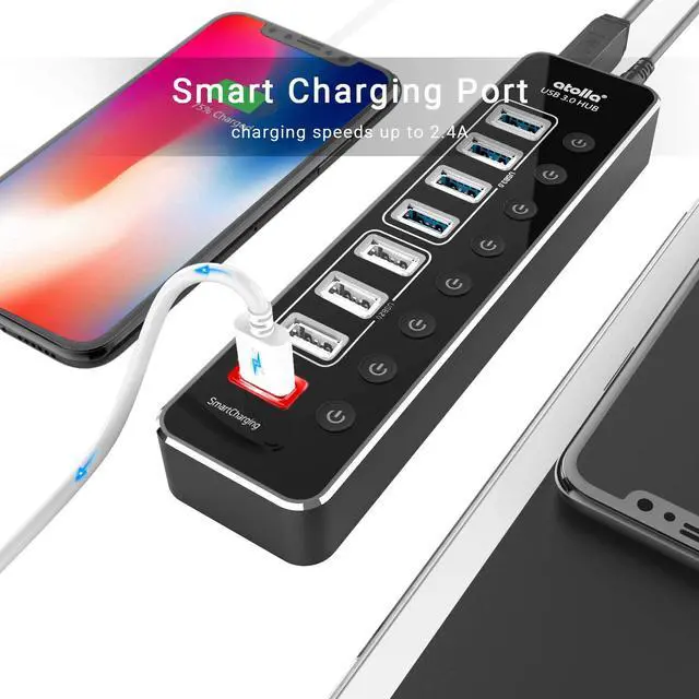 Alt view image 4 of 6 - Powered USB Hub 3.0,  Aluminum 8-Port USB Data Hub Splitter (4 USB 3.0 Data Ports+3 USB 2.0 Data Ports+1 Smart Charging Port) with Individual Switches and 12V/2.5A Power Adapter USB Extension