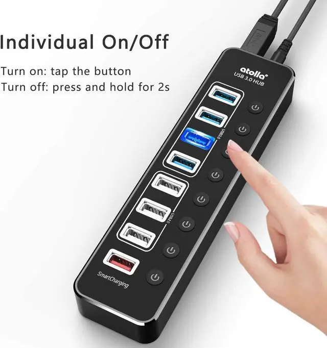 Alt view image 2 of 6 - Powered USB Hub 3.0,  Aluminum 8-Port USB Data Hub Splitter (4 USB 3.0 Data Ports+3 USB 2.0 Data Ports+1 Smart Charging Port) with Individual Switches and 12V/2.5A Power Adapter USB Extension