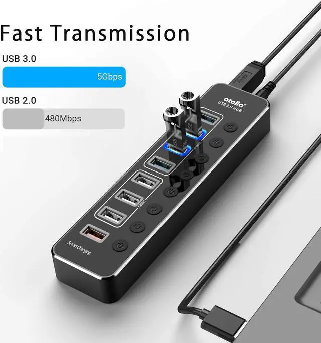 Alt view image 5 of 6 - Powered USB Hub 3.0,  Aluminum 8-Port USB Data Hub Splitter (4 USB 3.0 Data Ports+3 USB 2.0 Data Ports+1 Smart Charging Port) with Individual Switches and 12V/2.5A Power Adapter USB Extension
