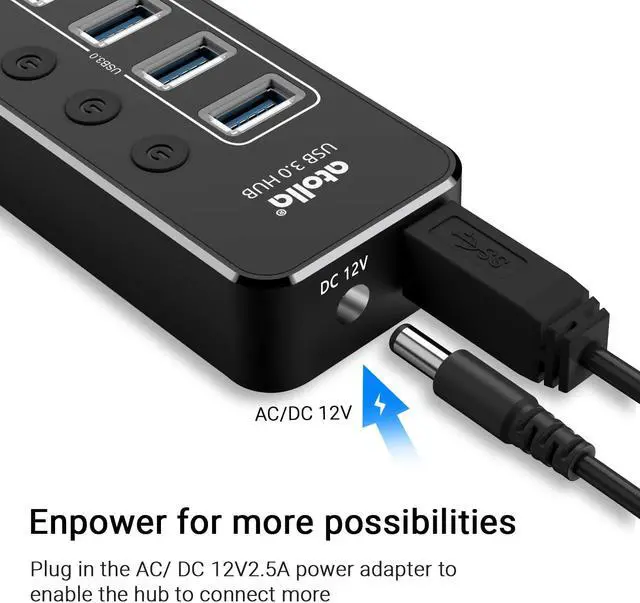 Alt view image 6 of 6 - Powered USB Hub 3.0,  Aluminum 8-Port USB Data Hub Splitter (4 USB 3.0 Data Ports+3 USB 2.0 Data Ports+1 Smart Charging Port) with Individual Switches and 12V/2.5A Power Adapter USB Extension