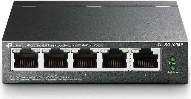 Main image of TP-Link TL-SG1005P V2 | 5 Port Gigabit PoE Switch | 4 PoE+ Ports @65W | Desktop | Plug & Play | Sturdy Metal w/ Shielded Ports | Fanless | Limited Lifetime Protection | QoS & IGMP Snooping | Unmanaged