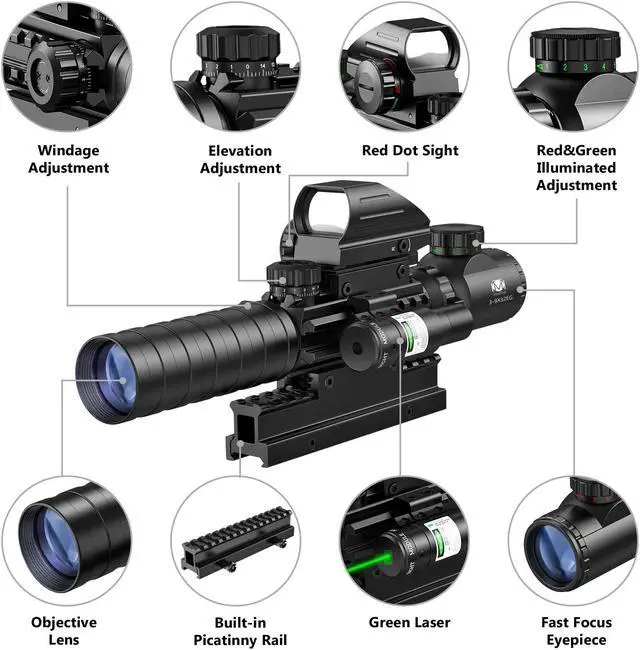 Alt view image 2 of 7 - MidTen 3-9x32 4-in-1 Scope Combo with Dual Illuminated Scope Optics & 4 Holographic Reticle Red/Green Dot Sight & IIIA/2MW Laser Sight Rangefinder Illuminated Sight & 20mm Mount