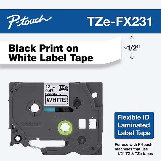 Alt view image 8 of 20 - Brother TZE-FX231 Black on White Flexible ID Tape for P-touch Label Printer, 12 mm (0.47")  x 8 m (26.20 ft.) - 1 Each
