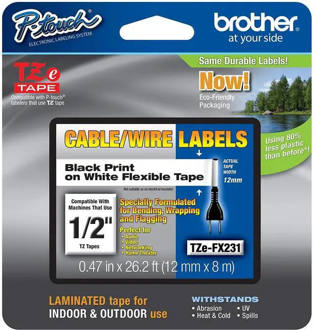 Alt view image 7 of 20 - Brother TZE-FX231 Black on White Flexible ID Tape for P-touch Label Printer, 12 mm (0.47")  x 8 m (26.20 ft.) - 1 Each