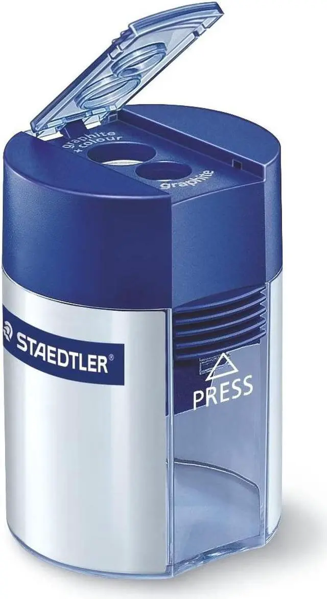 Alt view image 4 of 19 - Staedtler 512001BK03 Handheld Manual Double-Hole Plastic Sharpener, Blue/Silver, 6/Box