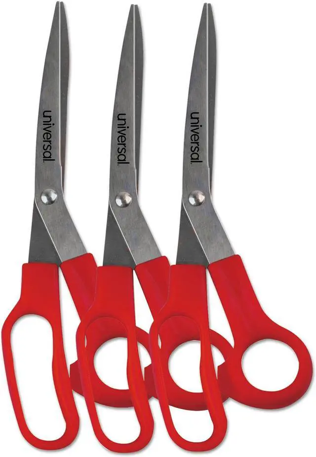Alt view image 6 of 9 - Universal 92019 Stainless Steel Scissors, 7 3/4 Inch Length, 3 Inch Cut, Bent Handle, Red, 3/Pack