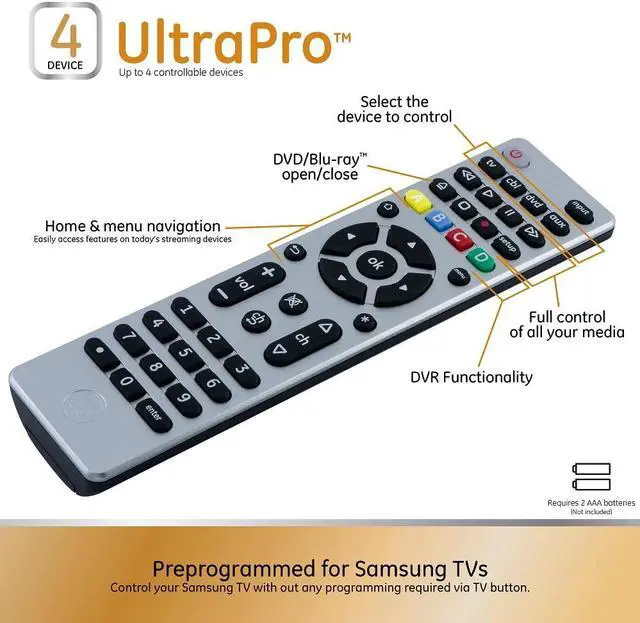Alt view image 4 of 5 - GE Universal Remote Control for Samsung, Vizio, LG, Sony, Sharp, Roku, Apple TV, TCL, Panasonic, Smart TVs, Streaming Players, Blu-ray, DVD, 4-Device (Controls up to 4 different components), Silver