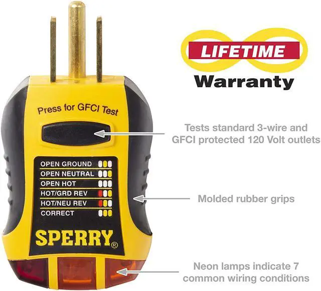 Alt view image 2 of 5 - Sperry Instruments GFI6302 GFCI Outlet / Receptacle Tester, 7 Visual Indication / Wiring Legend, Yellow & Black