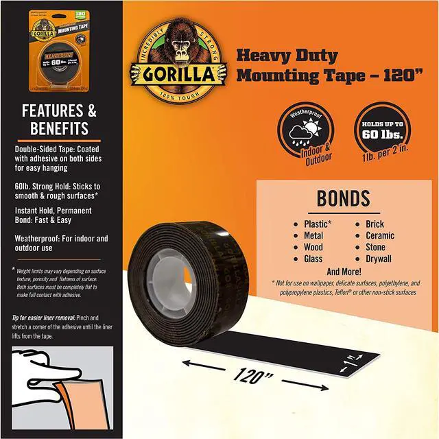 Alt view image 2 of 7 - Gorilla Heavy Duty Double Sided Tape, 1" x 120", Black