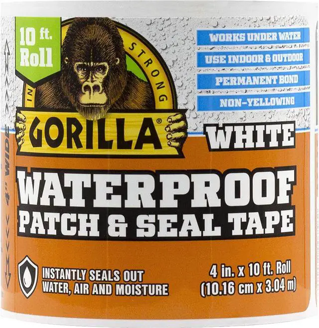 Main image of Gorilla Waterproof Patch & Seal Tape, 4" x 10' Roll (10.16cm x 3.04m), White (Pack of 1)