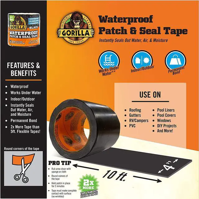 Alt view image 2 of 7 - Gorilla Waterproof Patch & Seal Tape 4" x 10' (10.16cm x 3.04m), Black, (Pack of 1)