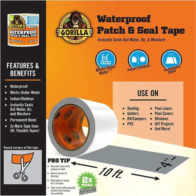 Alt view image 2 of 6 - Gorilla Waterproof Patch & Seal Tape, 4" x 10' Roll (10.16cm x 3.04m), White (Pack of 1)