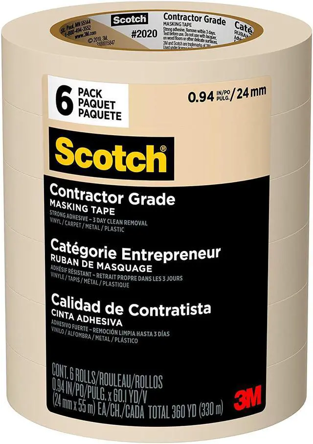Main image of Scotch Contractor Grade 2020 Masking Tape, 0.94 in. x 60.1 yd. (24mm x 55m), 6 Rolls (360 yards/330m total)