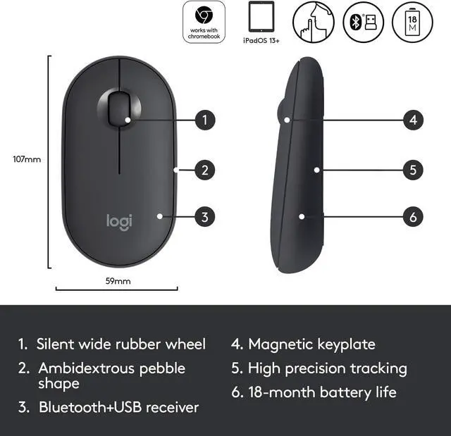 Alt view image 5 of 7 - Logitech Pebble M350 Portable Wireless Mouse with Bluetooth or USB - Graphite