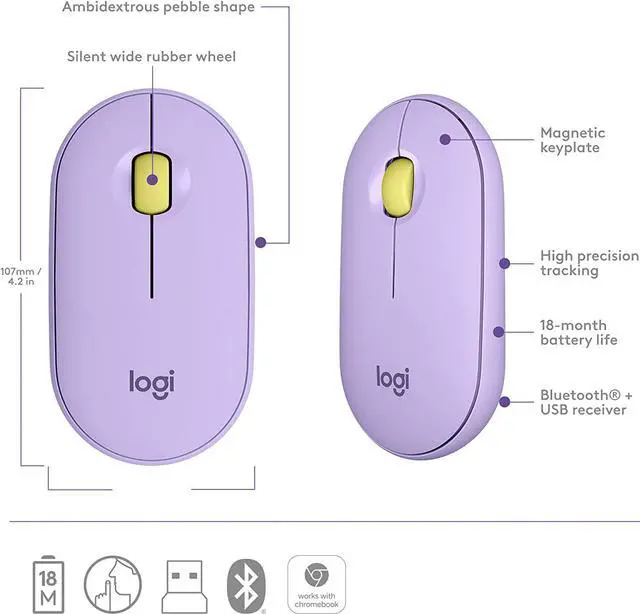 Alt view image 5 of 7 - Logitech Pebble M350 Wireless Mouse with Bluetooth or 2.4 GHz Receiver (Lavender)