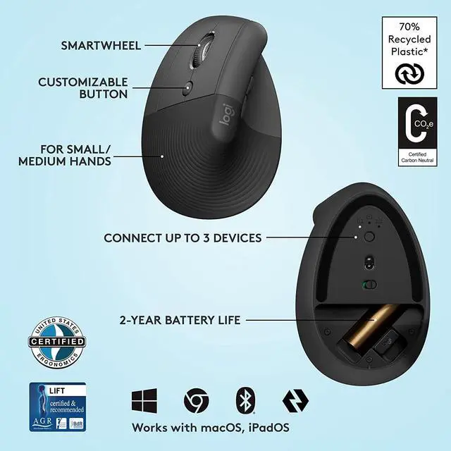 Alt view image 2 of 7 - Logitech Lift Vertical Left Handed Ergonomic Wireless Mouse