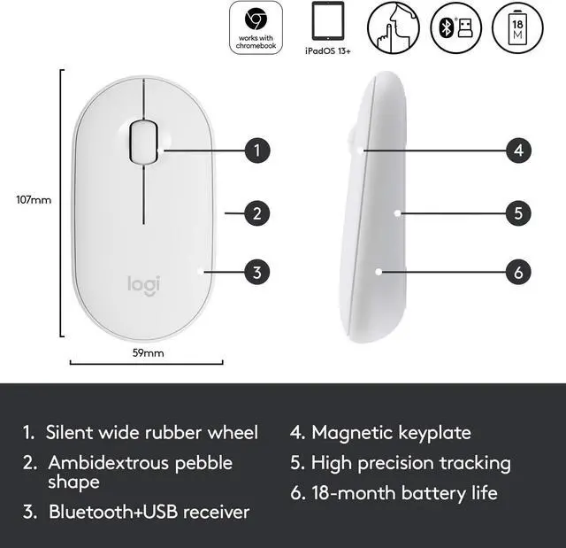 Alt view image 5 of 6 - Logitech Pebble M350 Wireless Mouse with Bluetooth or 2.4 GHz Receiver (Off White)