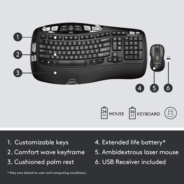 Alt view image 6 of 7 - Logitech MK550 Wireless Wave Keyboard and Mouse Combo - Ergonomic Wave Design - Black