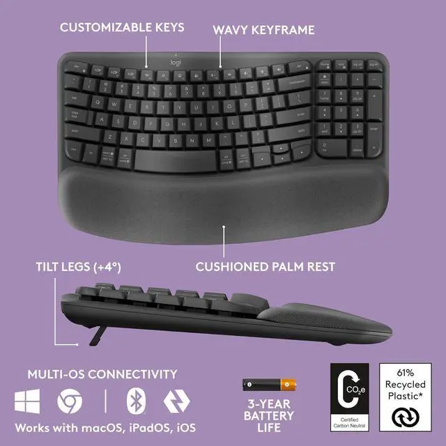 Alt view image 3 of 7 - Logitech Wave Keys Wireless Ergonomic Keyboard with Logitech M720 Triathlon Multi-Device Wireless Mouse