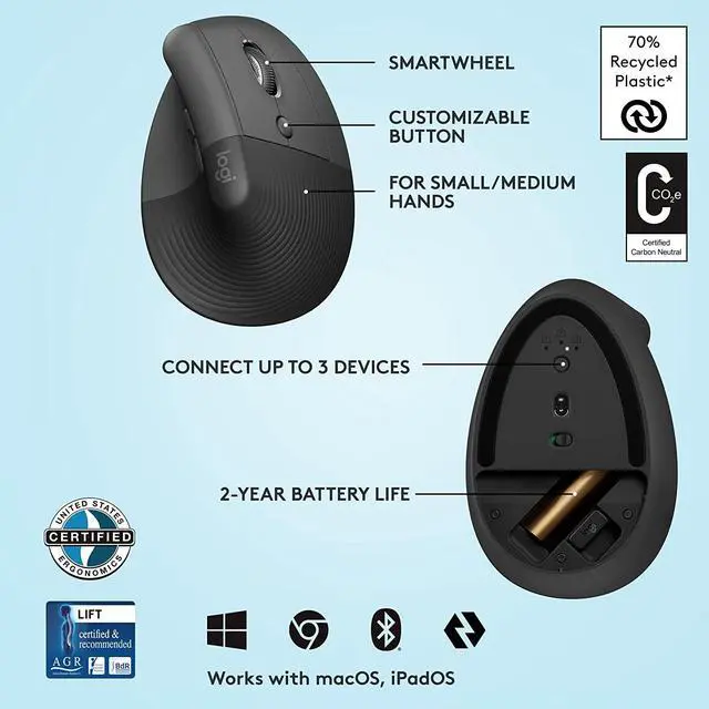 Alt view image 3 of 7 - Logitech Lift Vertical Ergonomic Wireless Mouse