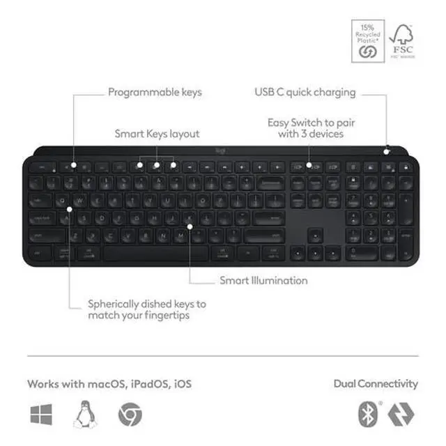 Alt view image 3 of 7 - Logitech MX Keys S Wireless Keyboard for Windows, Mac, Apple iPadOS, Chrome, Android, Linux