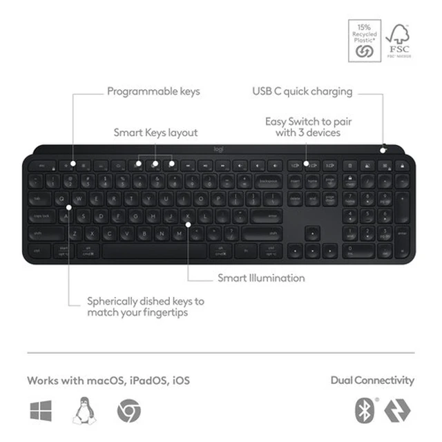 Alt view image 3 of 7 - Logitech MX Keys S Wireless Keyboard for Windows, Mac, Apple iPadOS, Chrome, Android, Linux
