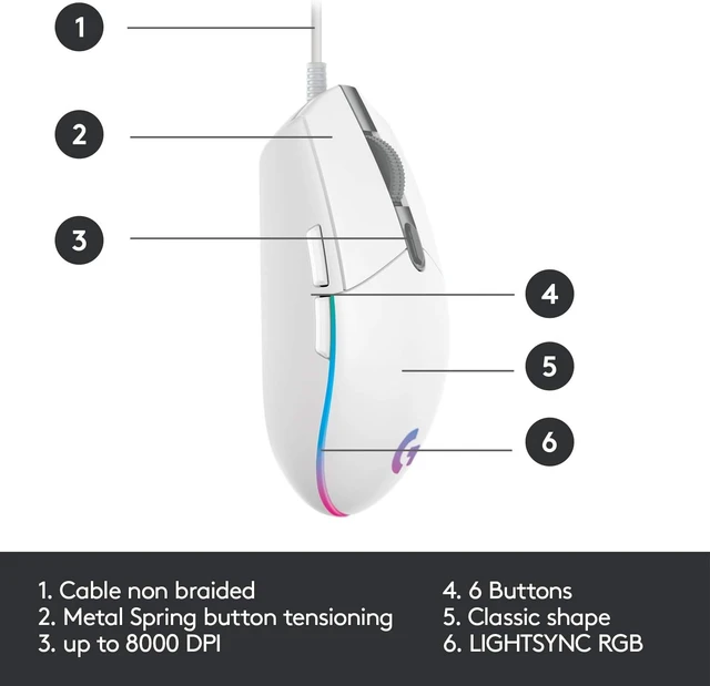 Alt view image 5 of 7 - Logitech G203 RGB Wired Gaming Mouse, 8,000 DPI, 6 Programmable Buttons - White