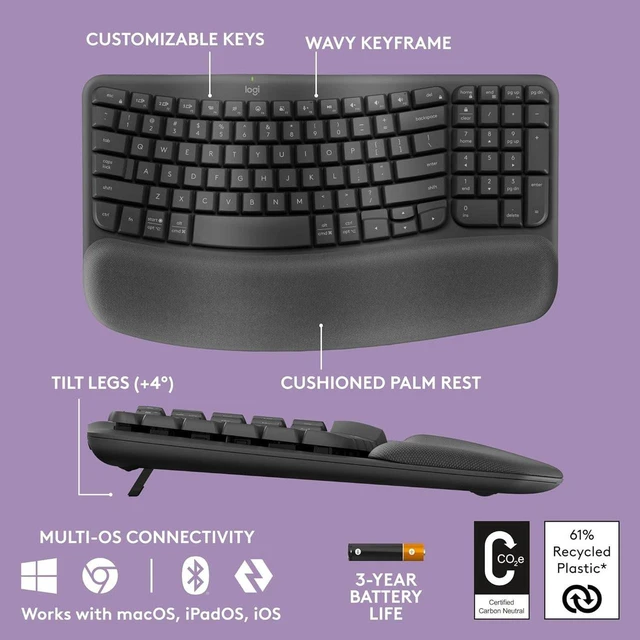Alt view image 6 of 7 - Logitech Wave Keys Wireless Ergonomic Keyboard with Cushioned Palm Rest for Multi-OS, Windows, Mac