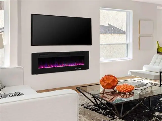 Alt view image 2 of 7 - 50 inch Wall Mounted and Recessed Electric Fireplace, Adjustable Flame Color and Speed Fireplace Heater Fit for 2 x 4 and 2 x 6 Stud with Touch Screen Control Panel, Remote Control