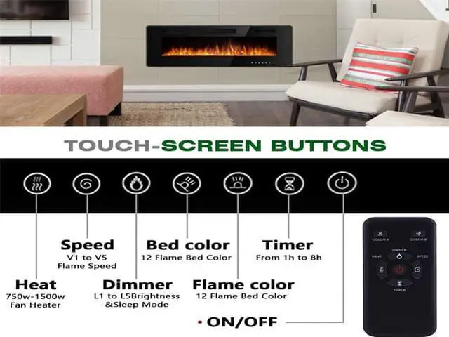 Alt view image 4 of 7 - 50 inch Wall Mounted and Recessed Electric Fireplace, Adjustable Flame Color and Speed Fireplace Heater Fit for 2 x 4 and 2 x 6 Stud with Touch Screen Control Panel, Remote Control