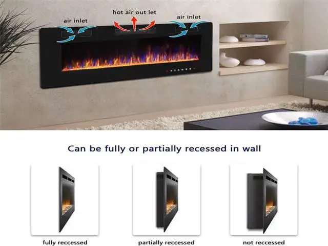 Alt view image 3 of 7 - 50 inch Wall Mounted and Recessed Electric Fireplace, Adjustable Flame Color and Speed Fireplace Heater Fit for 2 x 4 and 2 x 6 Stud with Touch Screen Control Panel, Remote Control