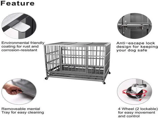 Alt view image 2 of 7 - 48'' Heavy Duty Metal Dog Cage Kennel Crate and Playpen for Training Large Dog Indoor Outdoor with Double Doors & Locks Design Included Lockable Wheels Removable Tray