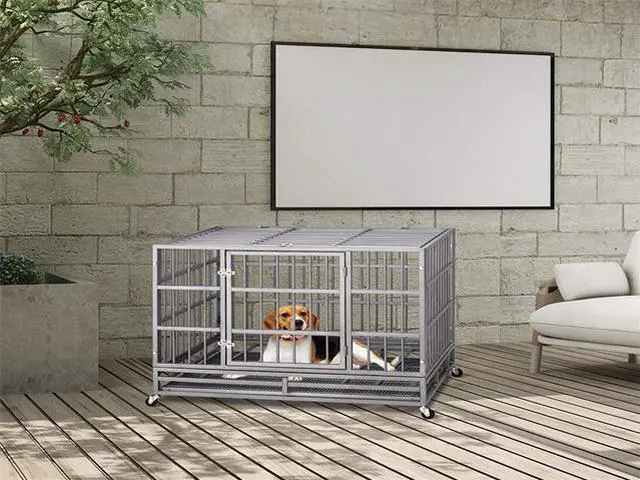 Alt view image 4 of 7 - 48'' Heavy Duty Metal Dog Cage Kennel Crate and Playpen for Training Large Dog Indoor Outdoor with Double Doors & Locks Design Included Lockable Wheels Removable Tray