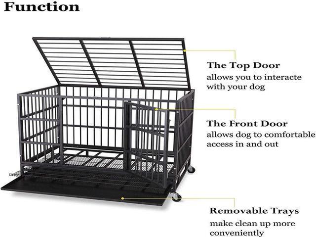 Alt view image 4 of 7 - 48'' Heavy Duty Metal Dog Cage Kennel Crate and Playpen for Training Large Dog Indoor Outdoor with Double Doors & Locks Design Included Lockable Wheels Removable Tray(42in 48in) (48 in, Black)