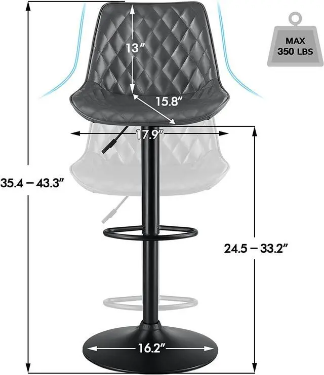 Alt view image 5 of 7 - Waleaf Bar Stools Set of 2,Counter Heigh Faux Leather Adjustable Bar Stools with Back,Modern Swivel Armless Bar Chair for Kitchen Island,Dining Stools with 350 LBS Capacity. (Grey)