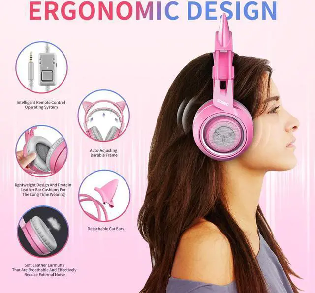 Alt view image 4 of 7 - SOMIC Pink Stereo Gaming Headset with Mic for PS4, Xbox One, PC, Mobile Phone, 3.5MM Sound Detachable Cat Ear Headphones Lightweight Self-Adjusting Over Ear Headphones for Women
