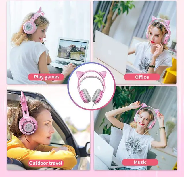 Alt view image 7 of 7 - SOMIC Pink Stereo Gaming Headset with Mic for PS4, Xbox One, PC, Mobile Phone, 3.5MM Sound Detachable Cat Ear Headphones Lightweight Self-Adjusting Over Ear Headphones for Women