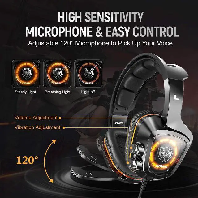 Alt view image 5 of 7 - SOMIC USB Plug Virtual 7.1 Surround Sound Gaming Headset for PC, PS4 , Laptop, with Vibration Bass, Mic and LED Lights G910,Black