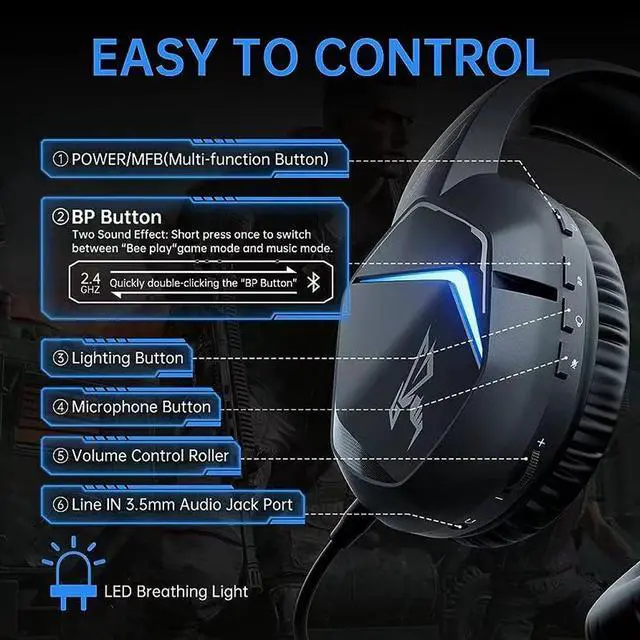 Alt view image 6 of 7 - SOMIC 5.3 bluetooth Gaming Headset with Microphone for PS5, PS4, Computer Gamer Headphone with Stereo Sound, Detachable Mic, Soft Earmuffs, RGB LED Light, 10H+ Playtime (Xbox one in Wired Mode)