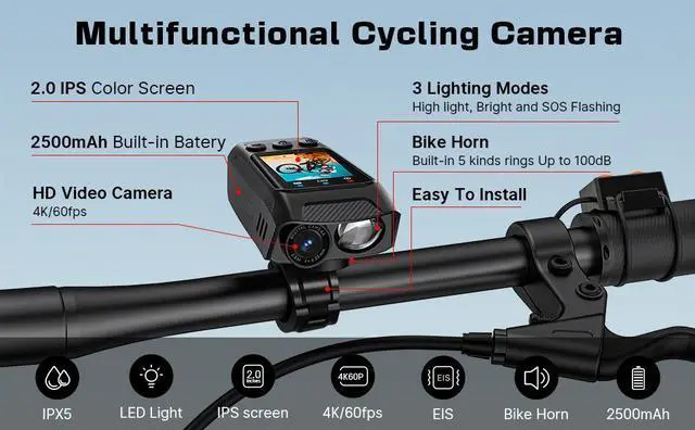 Alt view image 4 of 7 - Wali space BTO3PrO ACTION CAMERA  with IPX 5 4K/60fps, 2500mAh battery support 128G memory  1000LM  LED light with EIS function