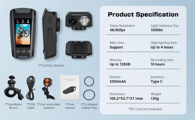 Alt view image 7 of 7 - Wali space BTO3PrO ACTION CAMERA  with IPX 5 4K/60fps, 2500mAh battery support 128G memory  1000LM  LED light with EIS function