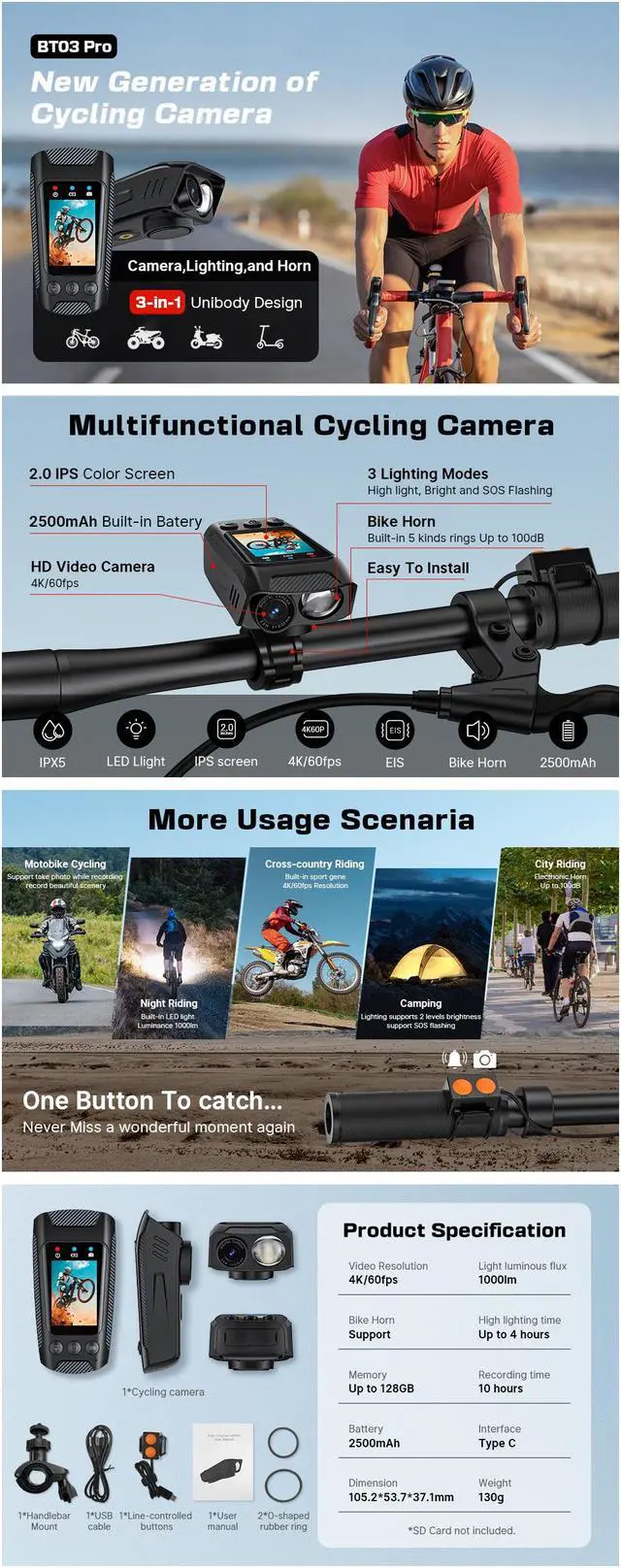 Alt view image 5 of 7 - Wali space BTO3PrO ACTION CAMERA  with IPX 5 4K/60fps, 2500mAh battery support 128G memory  1000LM  LED light with EIS function