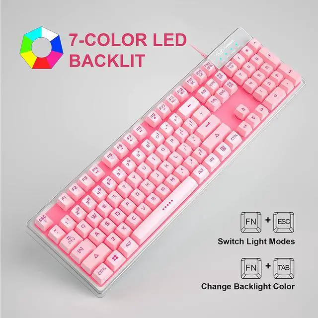 Alt view image 5 of 7 - MageGee Gaming Keyboard, 7 Solid Colors Backlit Wired Gaming Keyboard with Clear Housing and Double-Shot Keycaps, K1 Waterproof Ergonomic 104 Keys Light Up Keyboard for PC Desktop Laptop, Pink