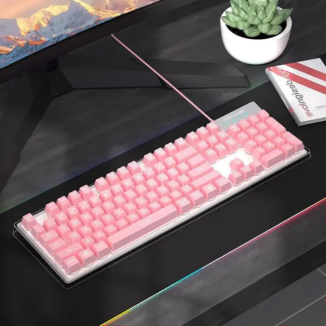 Alt view image 6 of 7 - MageGee Gaming Keyboard, 7 Solid Colors Backlit Wired Gaming Keyboard with Clear Housing and Double-Shot Keycaps, K1 Waterproof Ergonomic 104 Keys Light Up Keyboard for PC Desktop Laptop, Pink