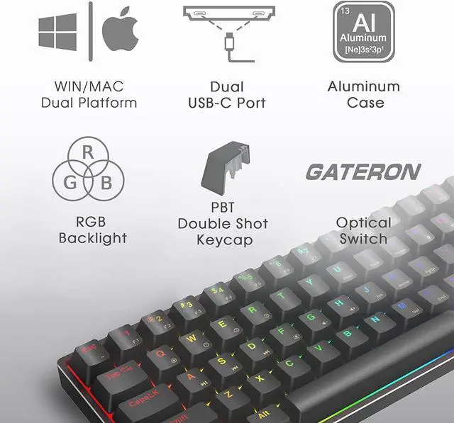 Alt view image 2 of 7 - AG AC61M GK61 RGB Gaming Keyboard - 61 Keys Aluminum Case Two USB-C Ports PBT Keycap Hot Swappable Programmable for PC/Mac Gamer (Gateron Optical Brown, Black Color)