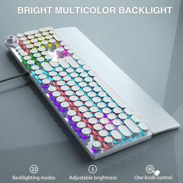 Alt view image 4 of 7 - AULA F2088 Typewriter Style Mechanical Gaming Keyboard,Rainbow LED Backlit,Removable Wrist Rest,Media Control Knob,Retro Punk Round Keycaps,USB Wired Computer Keyboard,White