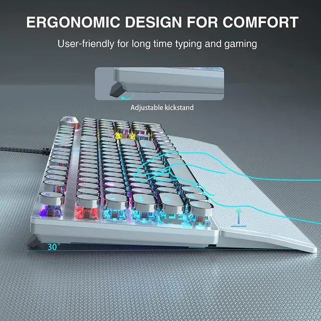 Alt view image 7 of 7 - AULA F2088 Typewriter Style Mechanical Gaming Keyboard,Rainbow LED Backlit,Removable Wrist Rest,Media Control Knob,Retro Punk Round Keycaps,USB Wired Computer Keyboard,White