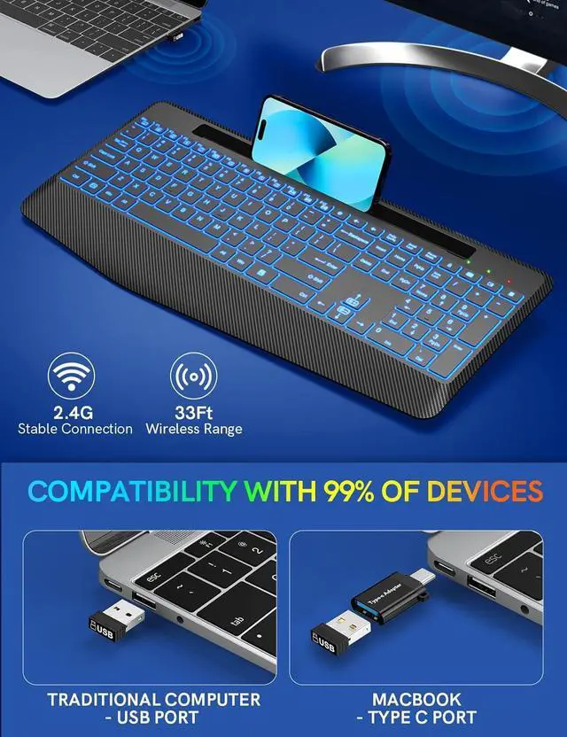Alt view image 5 of 7 - Wireless Keyboard with 7 Colored Backlits, Wrist Rest, Phone Holder, Rechargeable Ergonomic Computer Keyboard with Silent Keys, Full Size Lighted Keyboard for Windows, Mac, PC, Laptop (Black)
