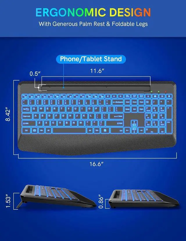 Alt view image 7 of 7 - Wireless Keyboard with 7 Colored Backlits, Wrist Rest, Phone Holder, Rechargeable Ergonomic Computer Keyboard with Silent Keys, Full Size Lighted Keyboard for Windows, Mac, PC, Laptop (Black)