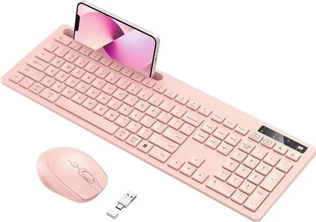 Main image of Wireless Keyboard and Mouse for MacBook, Vivefox Pink Wireless Keyboard with Phone Holder USB A & Type C Receiver Rose Gold Keyboard and Mouse for Windows, Mac, MacBook/Air/Pro Computer